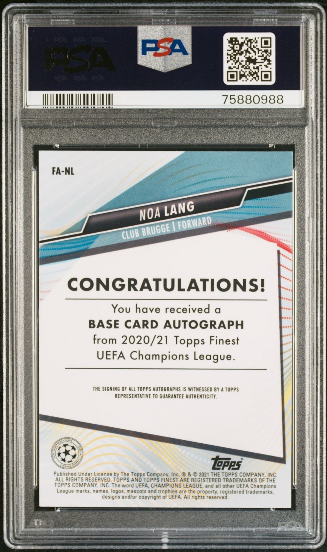 Noa Lang - 2020 Topps Finest UCC Auto PSA 10
