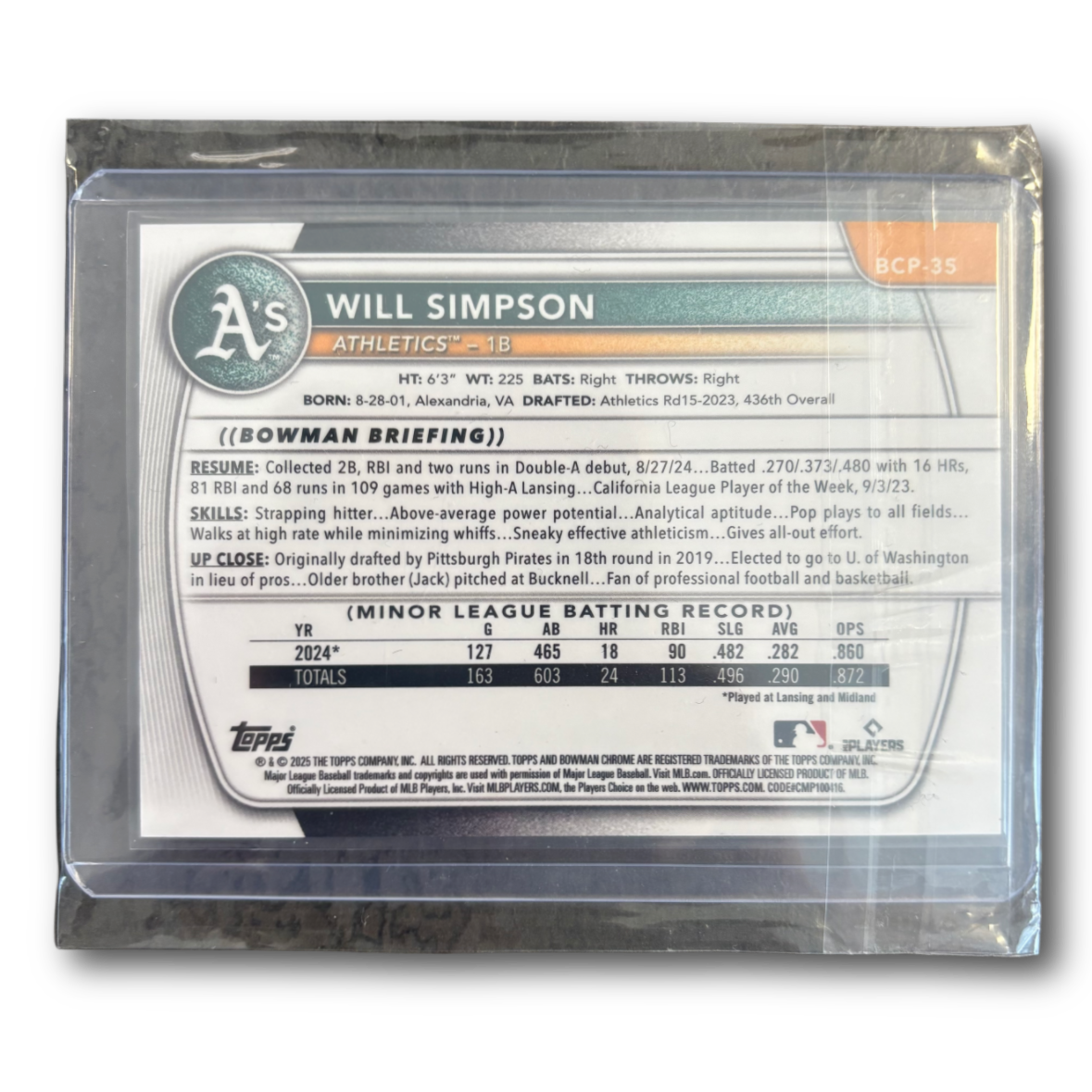 WILL SIMPSON - 2025 Bowman Baseball 1st Snack Pack SSP