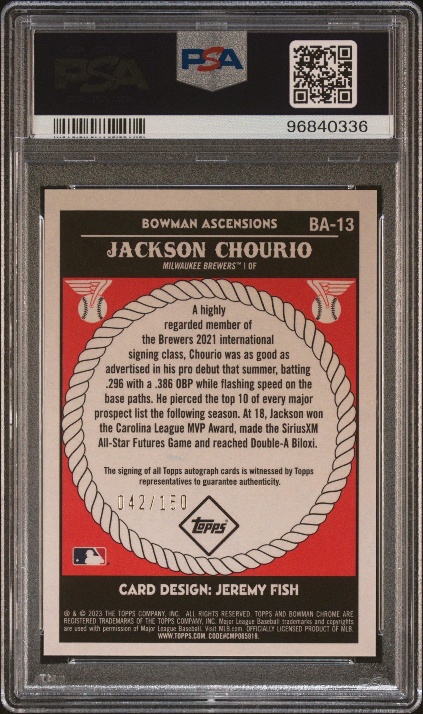 JACKSON CHOURIO - 2023 Bowman Chrome Ascensions /150 Auto PSA 9