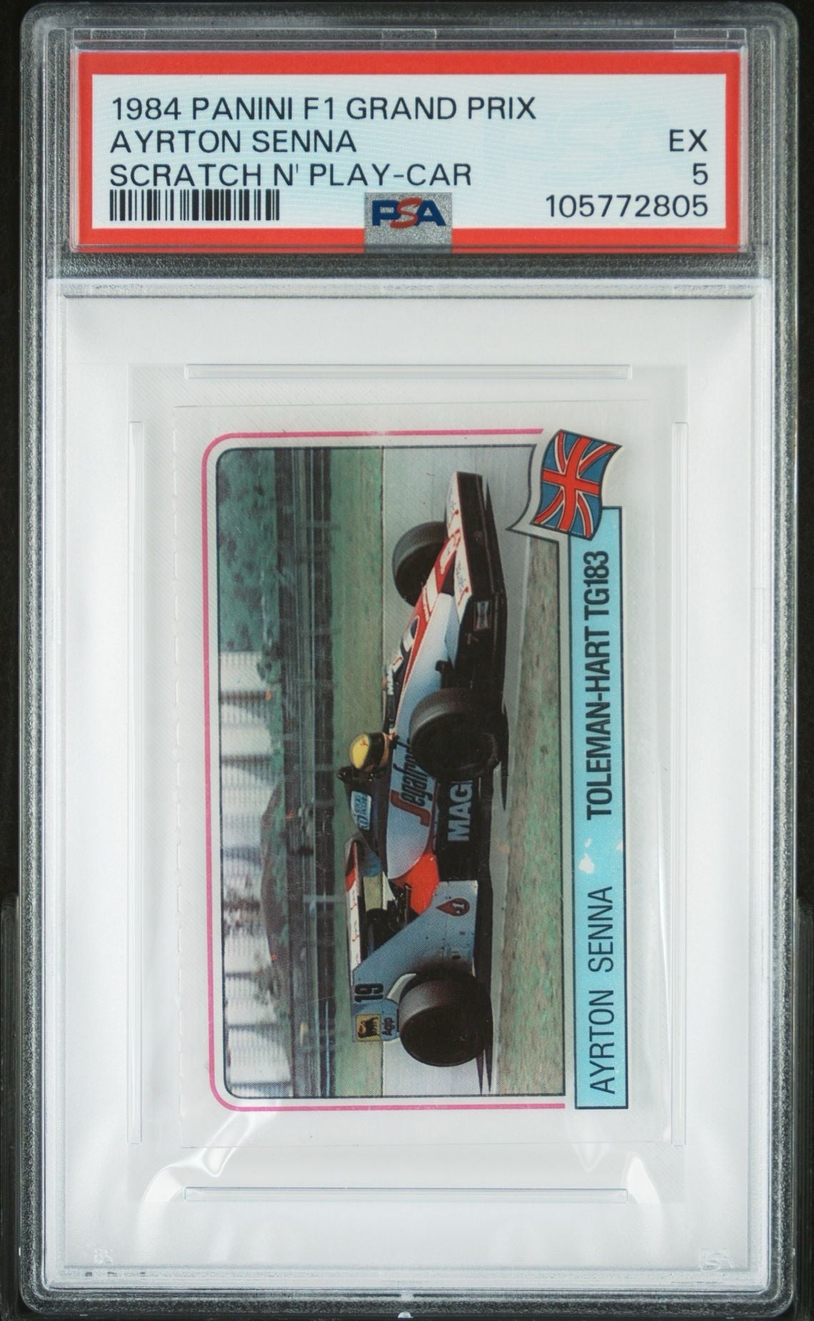 AYRTON SENNA - 1984 Panini F1 Grand Prix Scratch N' Play-Car PSA 5