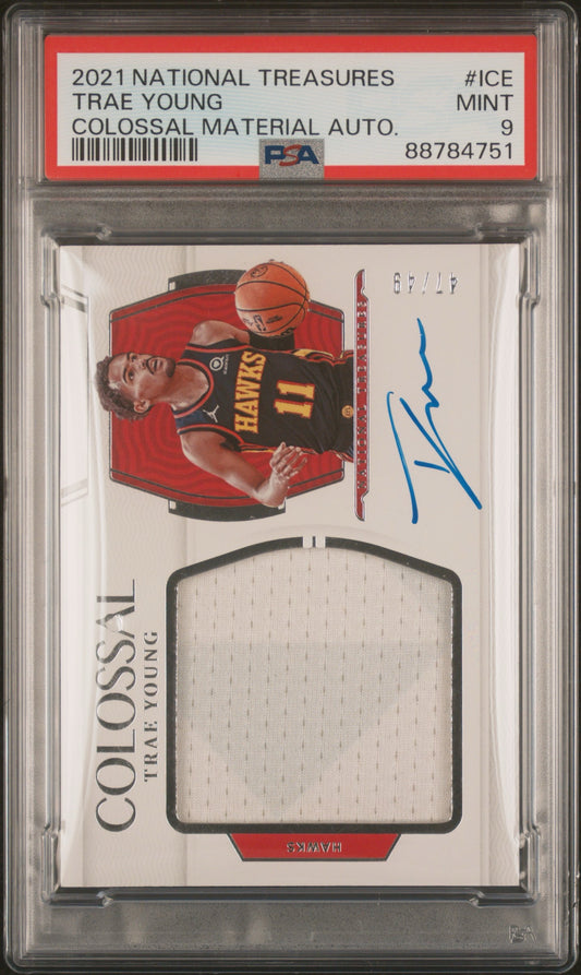TRAE YOUNG - 2021 National Treasures Colossal Material Auto On Card /49 PSA 9